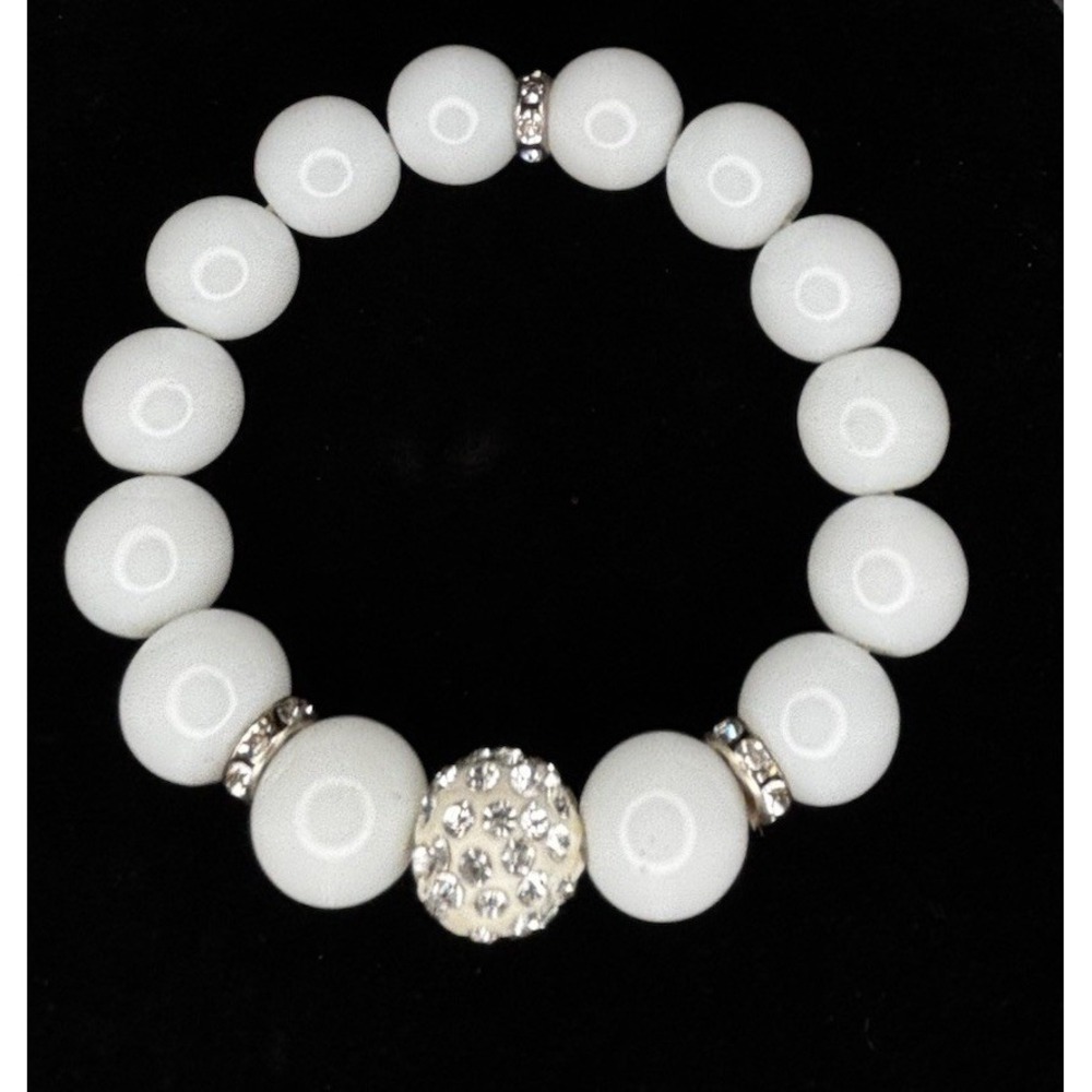 White Glass Bead Stretch Bracelet Rhinestone Accent Chunky Statement